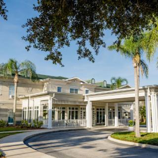 A welcoming entrance to a modern hotel surrounded by lush greenery.