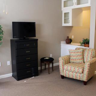 A cozy living room with an armchair, a television on a black dresser, and decorative elements.