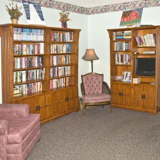 Cozy reading nook with wooden bookshelves and comfortable seating.