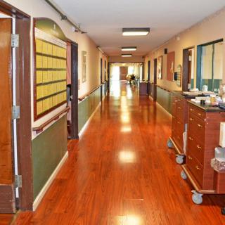 A brightly lit hospital hallway with wooden flooring and medical carts on the side.