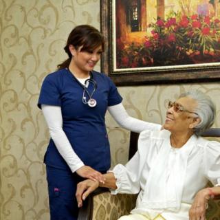 A nurse interacts with an elderly woman in a comforting home setting.
