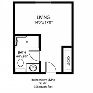 Floor plan of a 530 square foot independent living studio apartment.