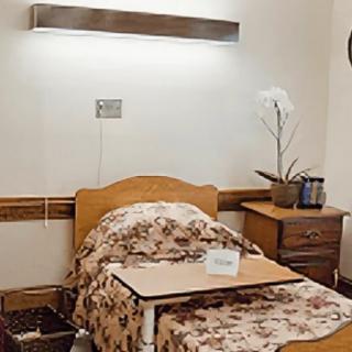 A hospital room with a single bed, floral bedding, and a nightstand with a lamp and plant.