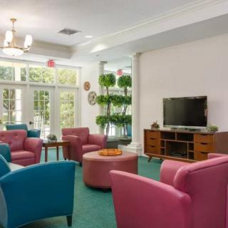 A colorful and modern living room with pink and blue chairs, a television, and indoor plants.