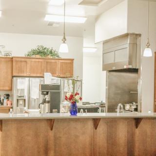 A modern kitchen interior featuring wooden cabinets, stainless steel appliances, and pendant lighting over a countertop with a vase of flowers.