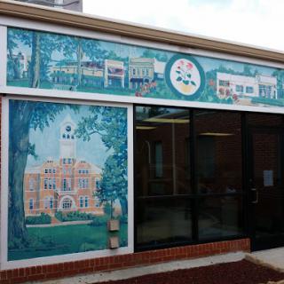 A beautifully painted mural on the exterior of a community building, showcasing local history and architecture.