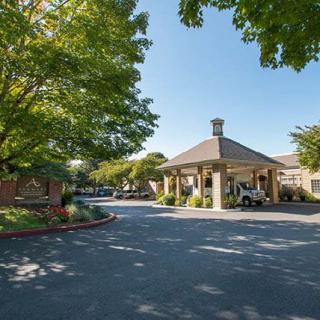 A driveway leads to a building entrance surrounded by trees on a sunny day.
