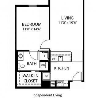 One-bedroom apartment floor plan with kitchen, living area, bathroom, and walk-in closet.