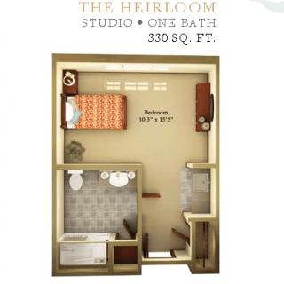 Floor plan of a 330 sq. ft. studio apartment with one bath.