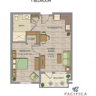 A one-bedroom apartment floor plan with a living room, kitchenette, bathroom, and balcony.