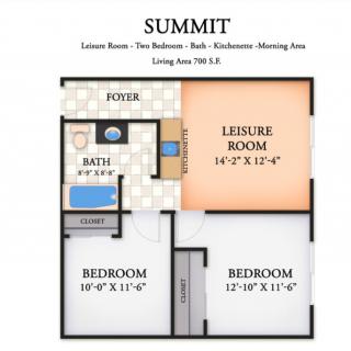 Summit apartment floor plan featuring two bedrooms, a bath, kitchen area, and leisure room.