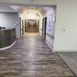 A corridor with a reception desk and wood-patterned flooring in a well-lit interior space.