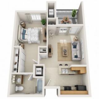 A 3D-rendered floor plan of a one-bedroom apartment, featuring an open living area, kitchen, bathroom, and bedroom with a small balcony.