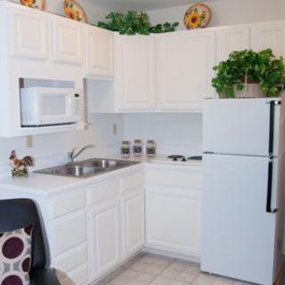 A compact kitchen featuring white cabinets, a microwave, and a refrigerator with indoor plants adding a touch of greenery.
