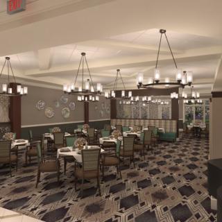 An elegant restaurant interior with chandeliers and neatly arranged tables and chairs.