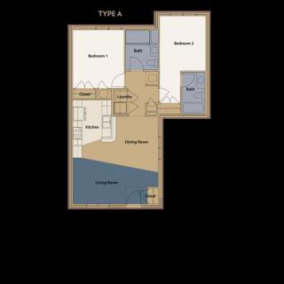 Floor plan of a one-bedroom apartment with a kitchen, living area, and bathroom.