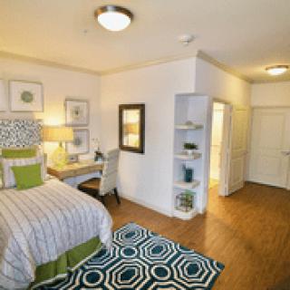 A cozy modern bedroom with stylish decor and a patterned rug.