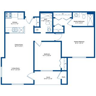 An architectural floor plan layout of an apartment, showing the arrangement of rooms including a kitchen, living area, bedroom, and bathroom.
