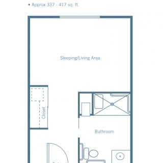 Studio apartment layout with general living area and bathroom.