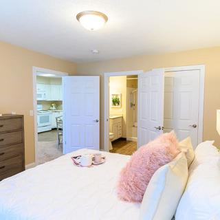 A cozy bedroom with modern decor and soft pillows on the bed, leading into a kitchen area.