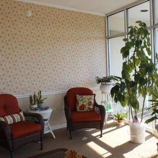 A cozy living area with armchairs, large plants, and ample natural light.