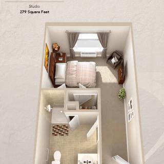 3D floor plan of a compact studio apartment with efficient use of space.
