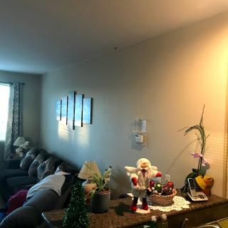 A cozy living room with a sofa, decorative elements, and ambient lighting.