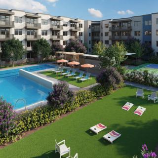 A modern apartment complex featuring a landscaped outdoor area with swimming pools and lawn chairs for relaxation.