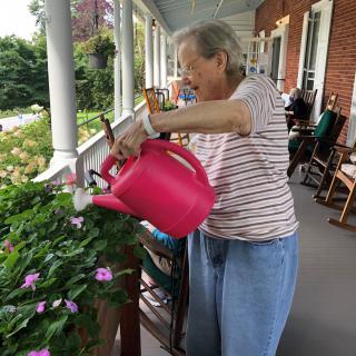 A person waters plants with a pink watering can on a porch.