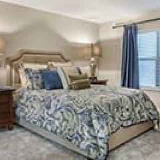 A stylish bedroom with elegant bedding and matching decor.