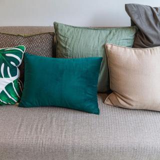 A comfortable sofa adorned with an assortment of colorful pillows, adding a touch of style to the living room.
