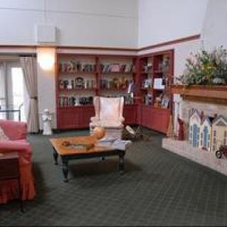 A cozy living room with bookshelves and a fireplace.