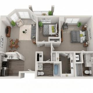 A 3D floor plan of a two-bedroom apartment featuring a living room, kitchen, bathroom, and balcony.
