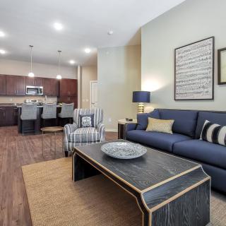 Modern open-concept living room and kitchen with stylish furniture and decor.