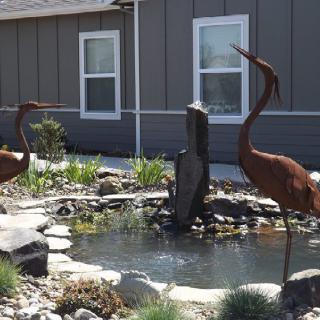 A garden pond featuring bird statues surrounded by rocks and plants.