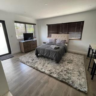 A modern bedroom interior featuring a bed with gray bedding, a large rug, and a television on a wooden dresser.