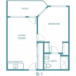 A floor plan of a one-bedroom apartment featuring a living/dining area, kitchenette, bathroom, and patio.