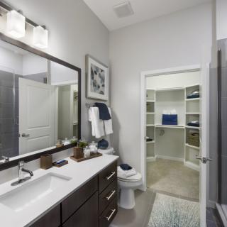 A modern bathroom with a large mirror, sleek cabinetry, and an adjacent walk-in closet.