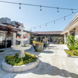A sunny courtyard with a central fountain, surrounded by plants and adorned with string lights.