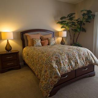 Cozy bedroom with warm lighting and inviting decor.
