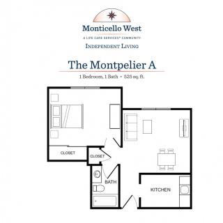 Floor plan of The Montpelier A, a one-bedroom apartment at Monticello West.