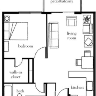 A floor plan of a one-bedroom apartment featuring a living room, kitchen, bathroom, walk-in closet, and patio.