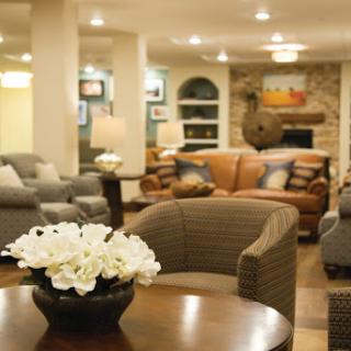 A cozy and modern living room with stylish furniture and a floral centerpiece.