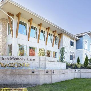 A modern memory care facility with contemporary architecture.