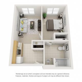 A 3D floor plan of a one-bedroom apartment including living area, kitchen, bathroom, and closet.