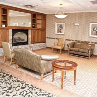 A cozy living room with a fireplace, upholstered seating, and elegant decor.