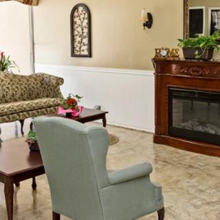 A cozy living room with a fireplace, sofa, armchair, and decorative plants.