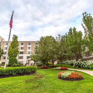 A well-landscaped area with a building in the background, featuring neatly arranged flowers and an American flag.