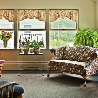 A cozy living room with floral-patterned furniture, vibrant plants, and decorative windows.