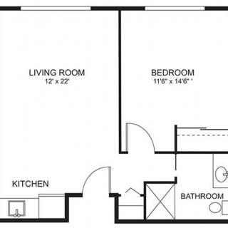 A floor plan of a one-bedroom apartment with living room, kitchen, and bathroom.